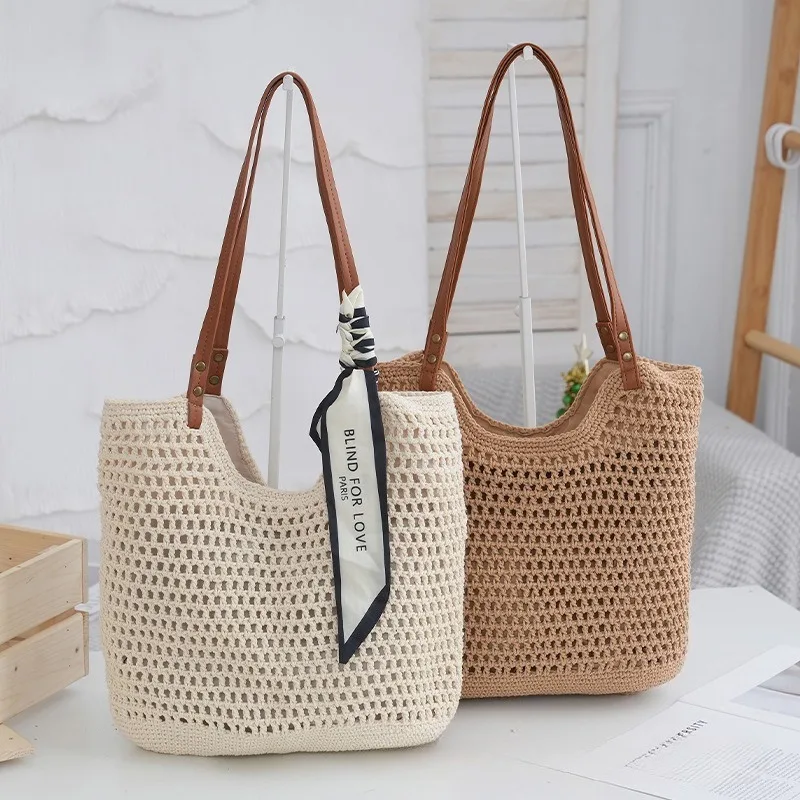 

Casual Trendy Hollow Out Large Capacity Tote Bag Cotton Weave Women Shoulder Bags Handmade Summer Beach Bag Travel Shopper Purse
