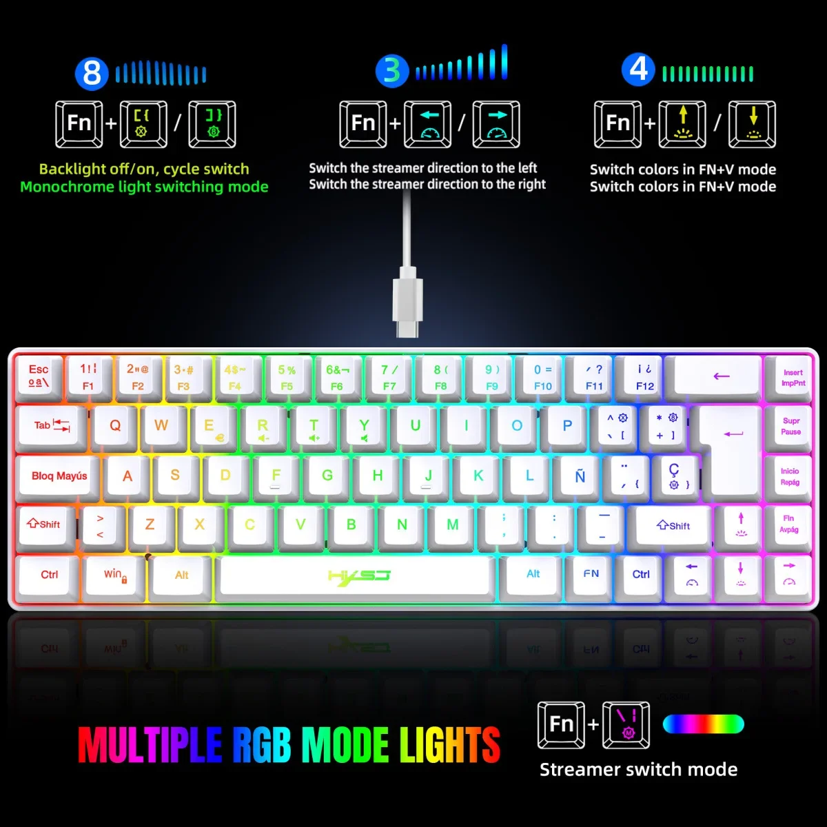 RGB backlit keyboard Spanish 69 keys white membrane gaming wired ergonomic Keyboards for compact mini  for pc laptop color black