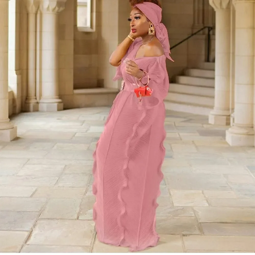 

African Dresses for Women Femme Summer Dashiki Boubou Robe Africain Abaya Dubai Long Kaftan Dress Moroccan Gown with Scarf Belt