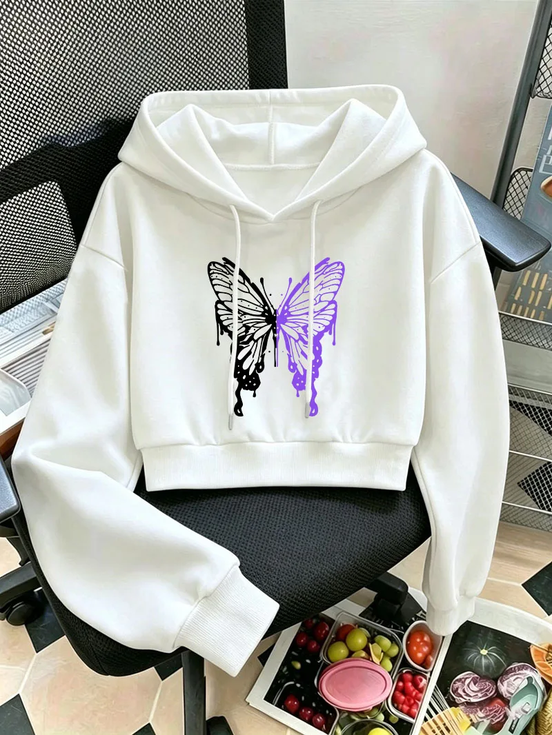 Harajuku Butterfly Print Cropped Sweatshirt Crop Top Hoodie Y2k Sweatshirts Fashion Casual Pullover Clothes Street Style
