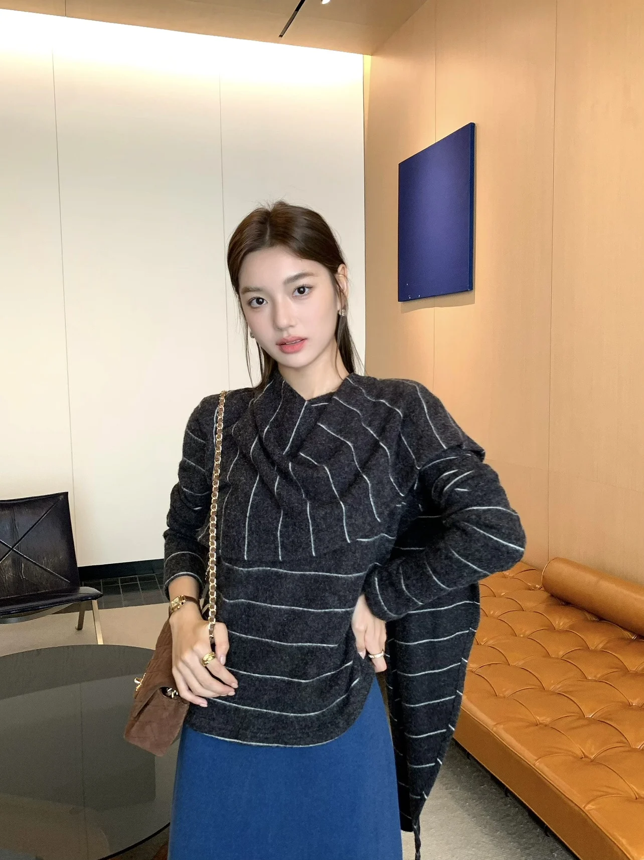 

UKILAU Korean Drama Aosphere Striped oulder Wrap Knit Loose Long Sve Soft Cozy Women's Autumn Winter Sweater