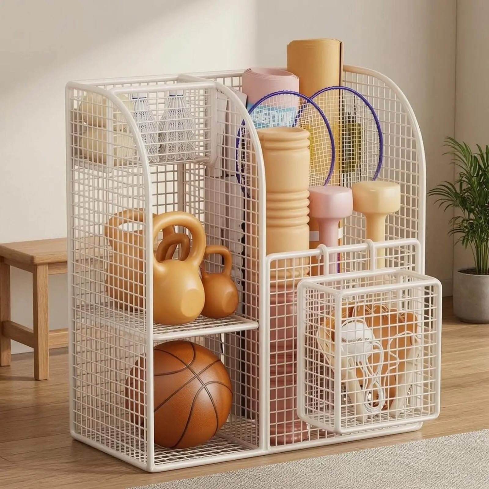 Compact Iron Wire Rack for Exercise Gear Organization with Multiple Compartments for Fitness Balls Dumbbells and Yoga Mats view 6