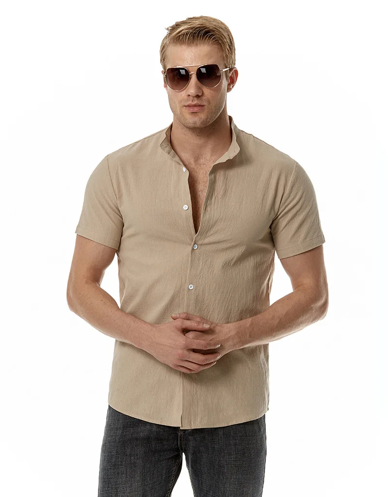 

Summer New Men's Short Sleeved Shirt, Cotton and Linen Henry Collar, Solid Color Beach Shirt, Instagram Top, Trendy