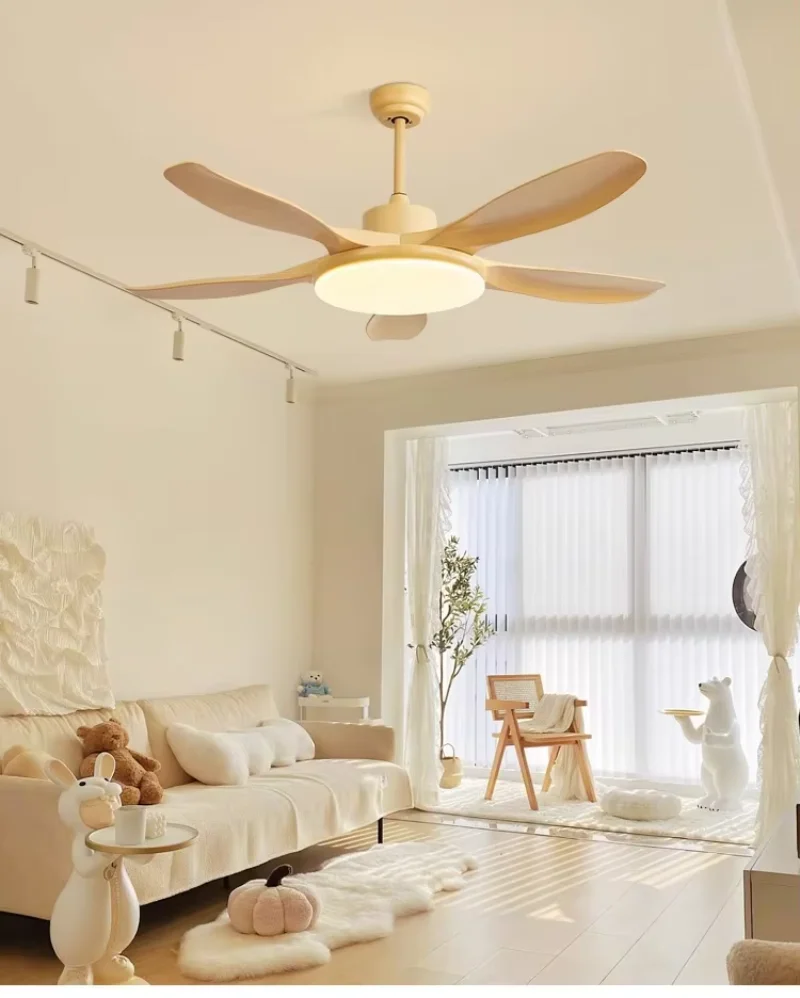 3 & 5 Leaf Simple Modern LED Fan Light Cream Wood Style Room Dining Table Ceiling Fan Light