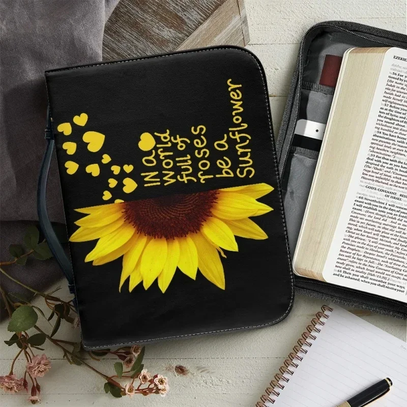 Sunflower Words Verse Pattern Leather Bible Bag for Women Men Handle Handbags Bible Hymns Cover Case Carrying Bible Storage Bags