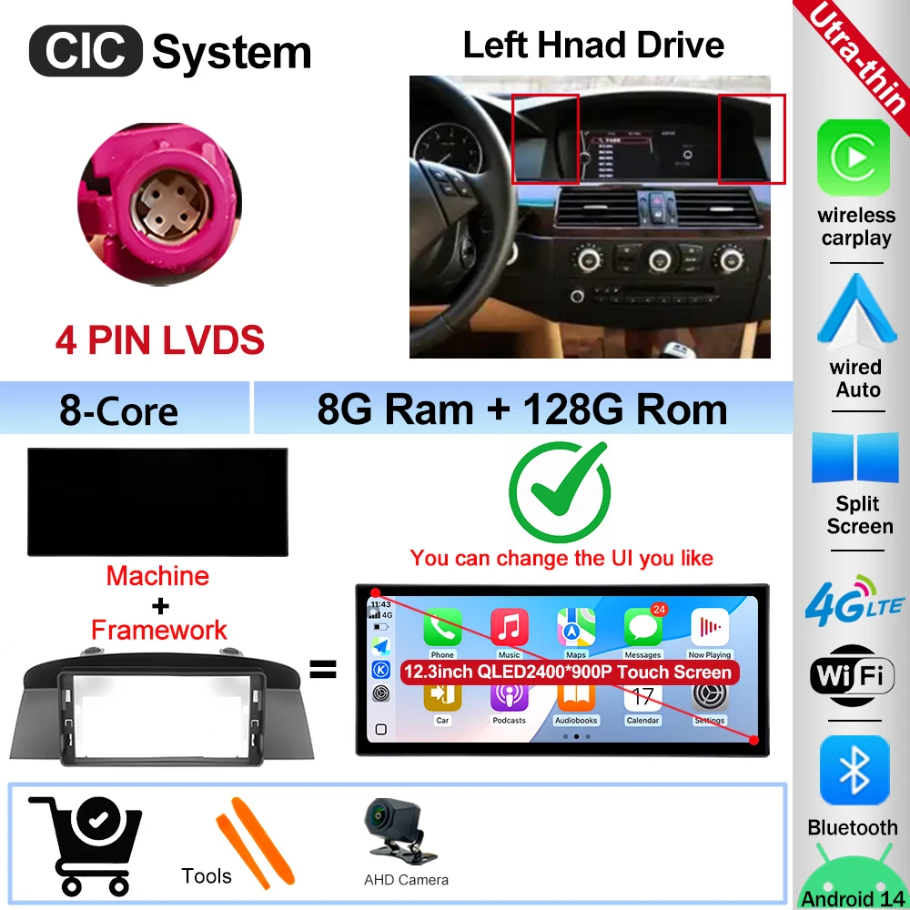 12.3" Ultra-thin Screen Android 16 BT for BMW 5 Series E60 E61 E62 2004-2008 CIC CCC System 4G Car Radio Video Multimedia Player image 3