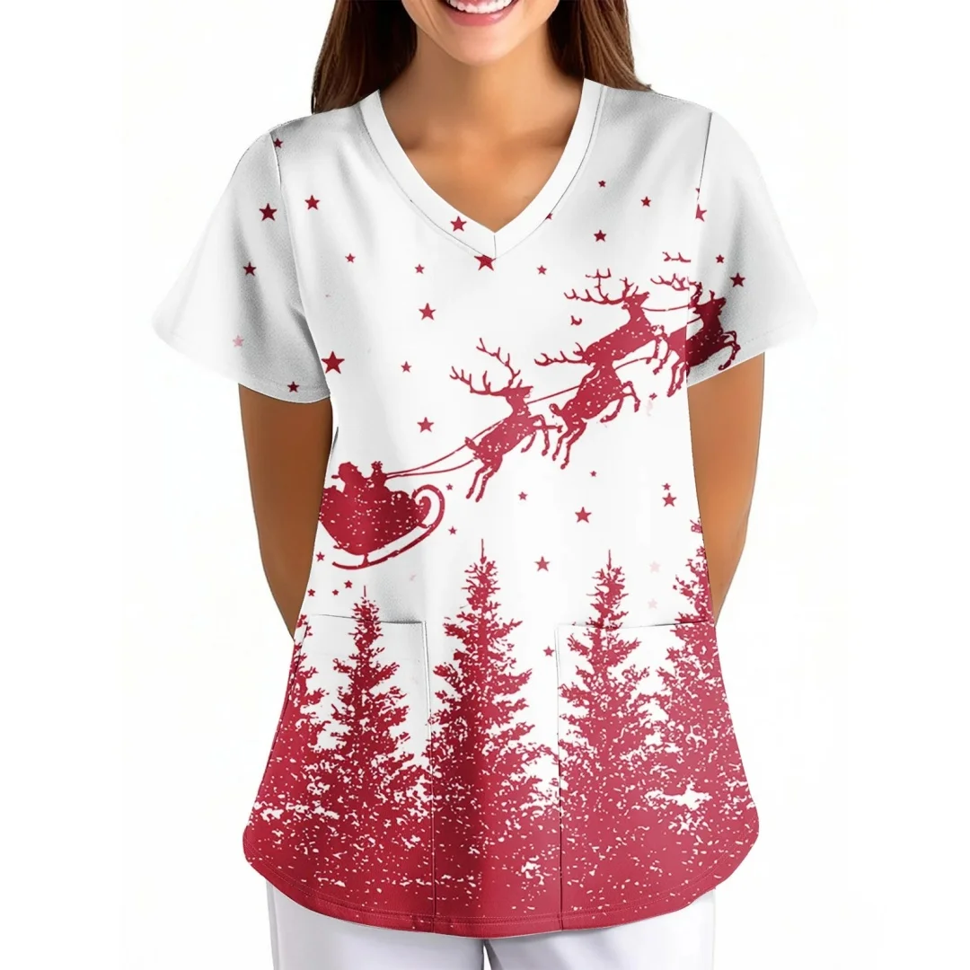 Uniforme hygiénique imprimé bonhomme de neige pour femmes, col en v, manches courtes, poches, matériau Micro élastique, uniformes cliniques, vêtements pour femmes