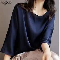 Summer Satin Silk Women's T Shirt Loose Casual Half Sleeve Tops Solid  Women Tee O Neck  Shirts Y2K Top Ladies Blouses