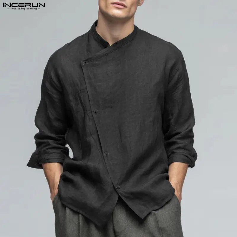 INCERUN Men's Shirt Solid Stand Collar Long Sleeve Button Men Clothes Streetwear Loose Tops 2026 Casual Shirts For Man Camisas