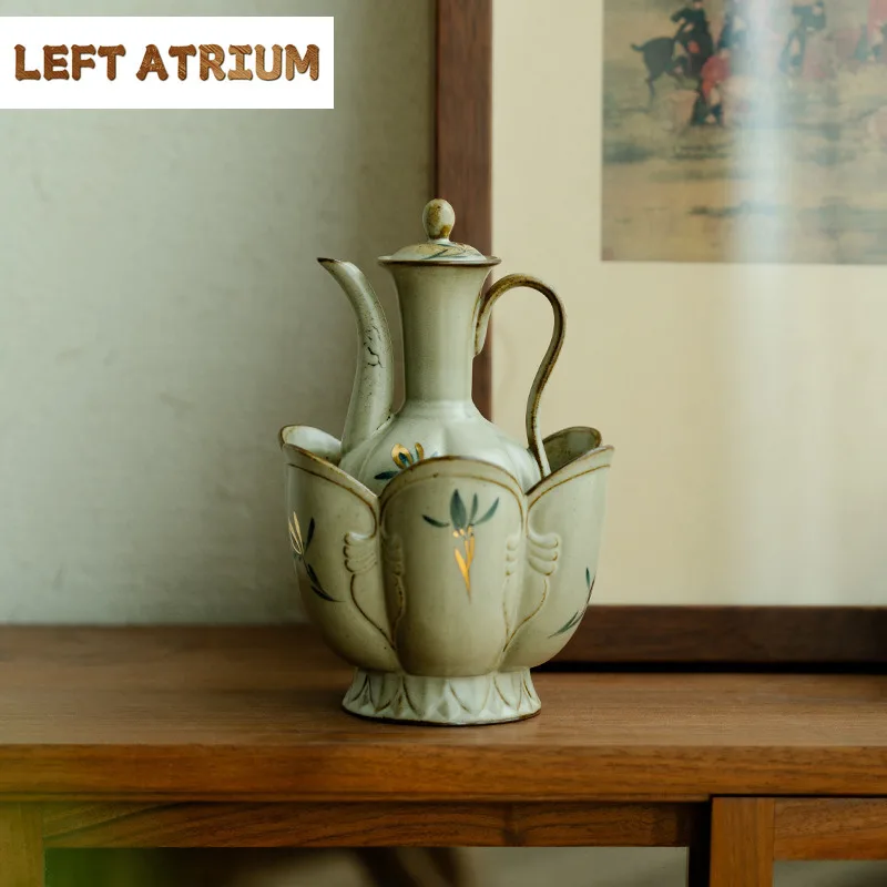 

180ml Antique Gold Drawing Teapot Hand Butterfly Orchid Ceramic Wine Warmers Kettle Cups Thermos Bucket Tea Garbage Can Wine Set