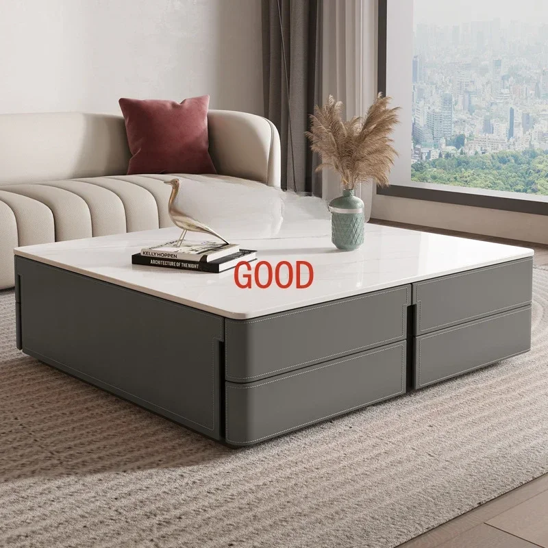 Xl Square Saddle Leather Tea Table Stone Plate Tea Table Square Large Tea Table Living Room Furniture
