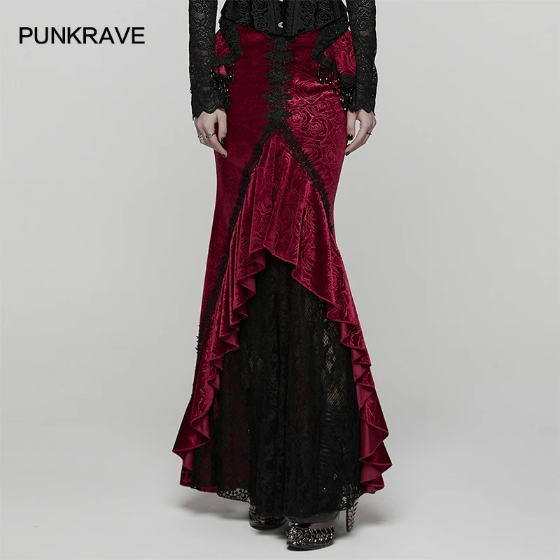 PUNK RAVE Women's Gothic Rose Velvet Lace Gorgeous Graceful Fishtail Skirt 3D Shirred Tassel Bead Chains Party Club Long Skirts