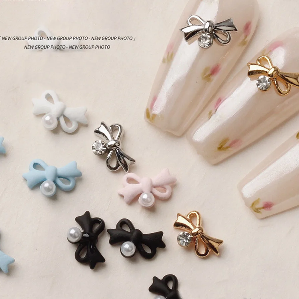 10 Stück Schleife Nagel Charms Metall Schleife Perlen Dekoration für Maniküre Mini DIY Zubehör Band Gold Nagelteile Kristalle