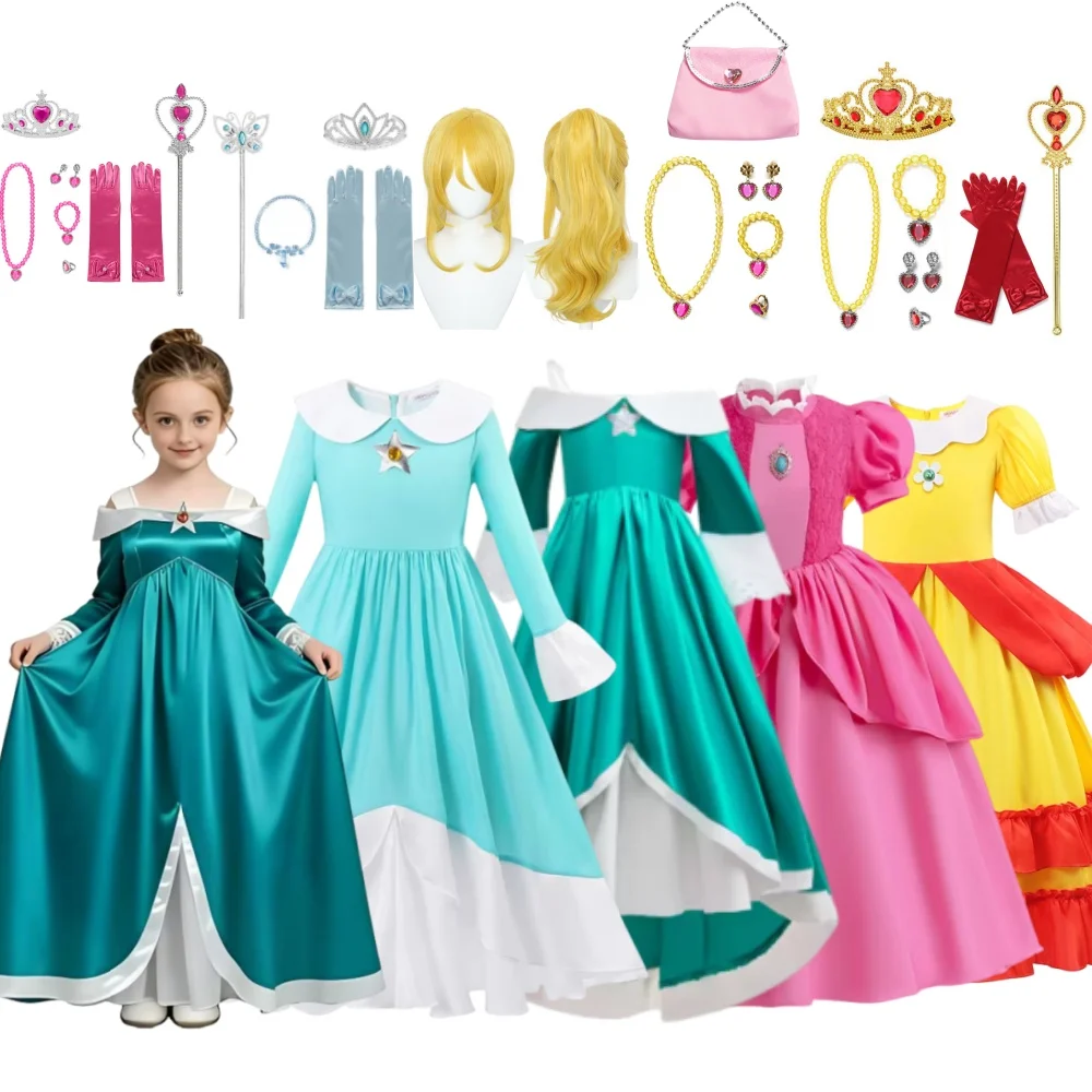 

Girls Princess Costume Dress with Wig Crown Accessories Kids Halloween Cosplay Birthday Party Fancy Dress Up Outfit