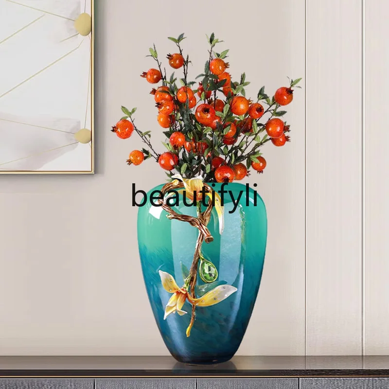 Enamel colored glass large vase flower arrangement high-end living room new Chinese modern light luxury European decorative