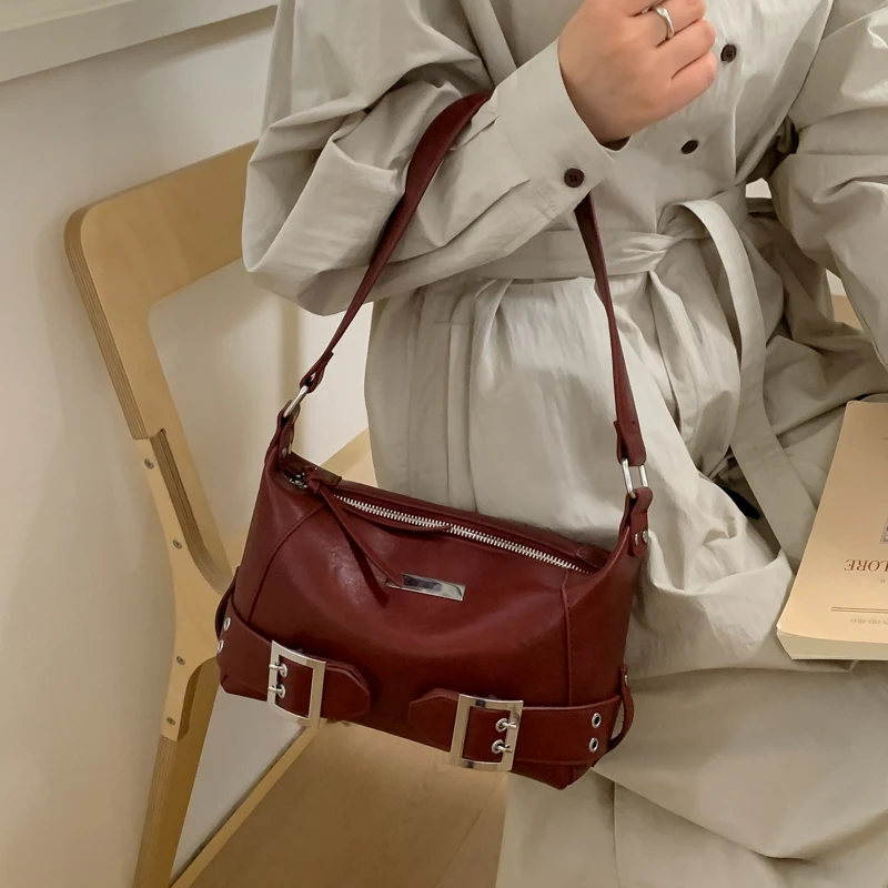 

Belt Buckle Strap Crossbody Bags Women Luxury 2026 Y2k Korean Fashion Underarm Shoulder Bag Pu Leather Female Armpit Handbags