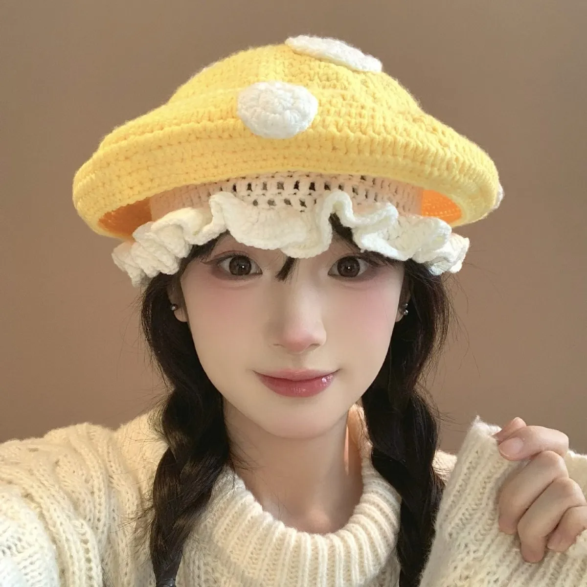 Süße Pilz Rotkäppchen handgemachte Haken gestrickte Baskenmütze mit Polka Dot Strickmütze Herbst und Winter warm halten Mütze