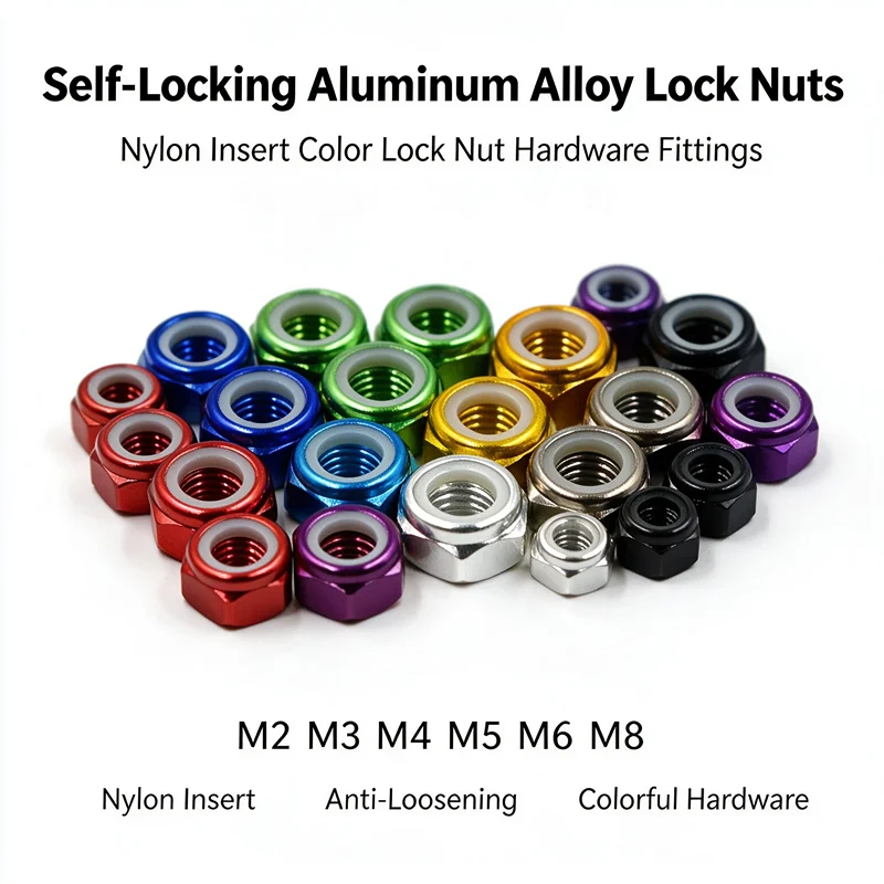 Self-Locking Aluminum Alloy Lock Nuts Nylon Insert Color Lock Nut Hardware Fittings M2 M3-M6 M8