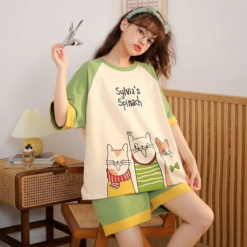 Korean Version of the Girl Sleepwear Large Size Cartoon Women Pajamas Short-Sleeved Shorts Ladies Summer Silk Home Wear Cartoon