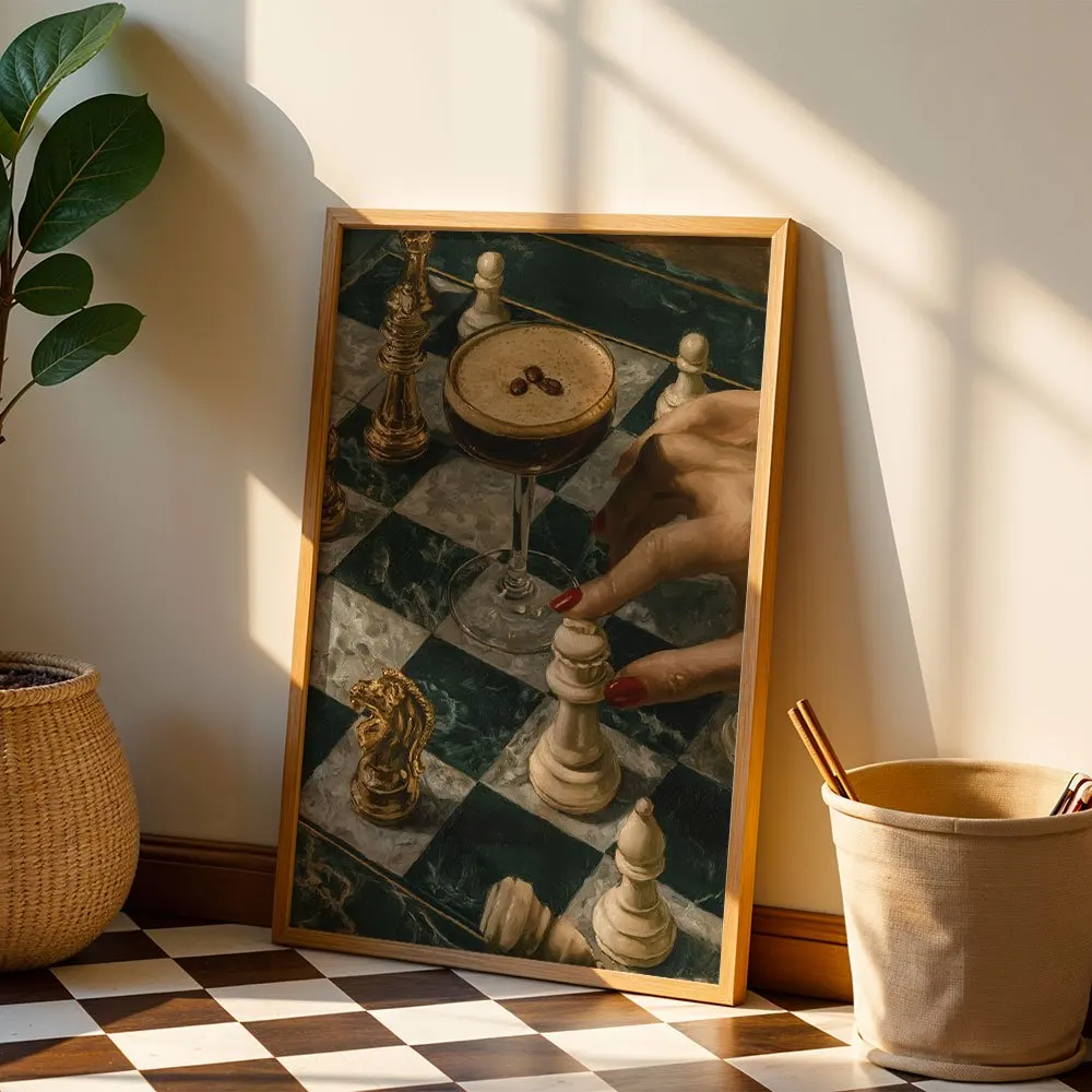 Vintage Oil Painting Style Chess And Coffee Canvas Wall Art,2D Print,Wall Decor For Living Room Dining Bar Study,Aesthetic Home