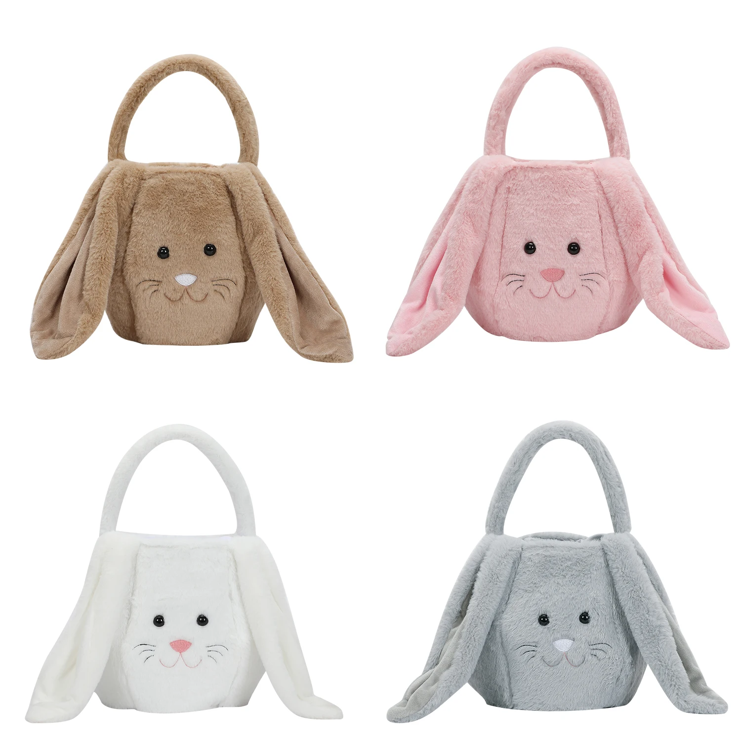 Panier de pâques en peluche à longues oreilles de lapin, sac à main avec visage brodé, nom brodé, chasse aux œufs, décorations de fête, cadeau