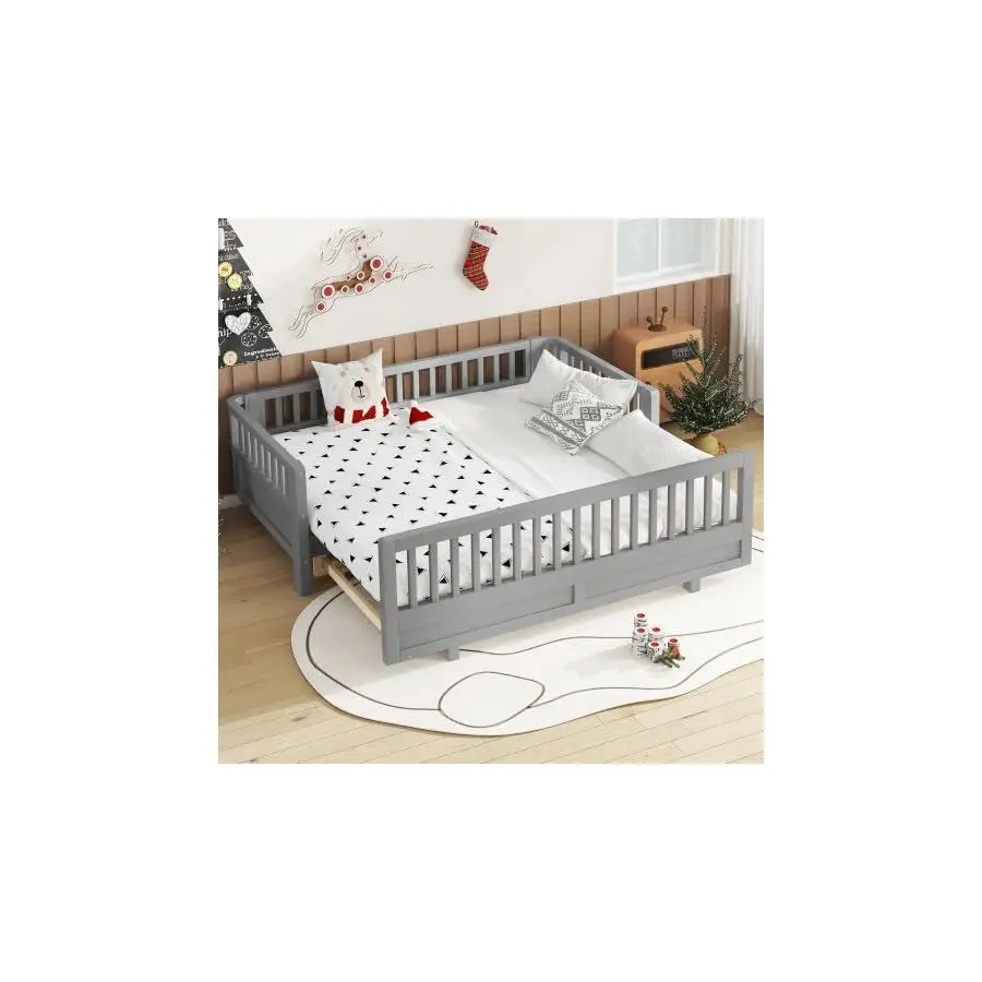 

Harper Bright Designs Twin Size Kids Platform Bed with Fences, Wooden Kids Daybed with Guardrails and 2 Drawers, Split into Ind
