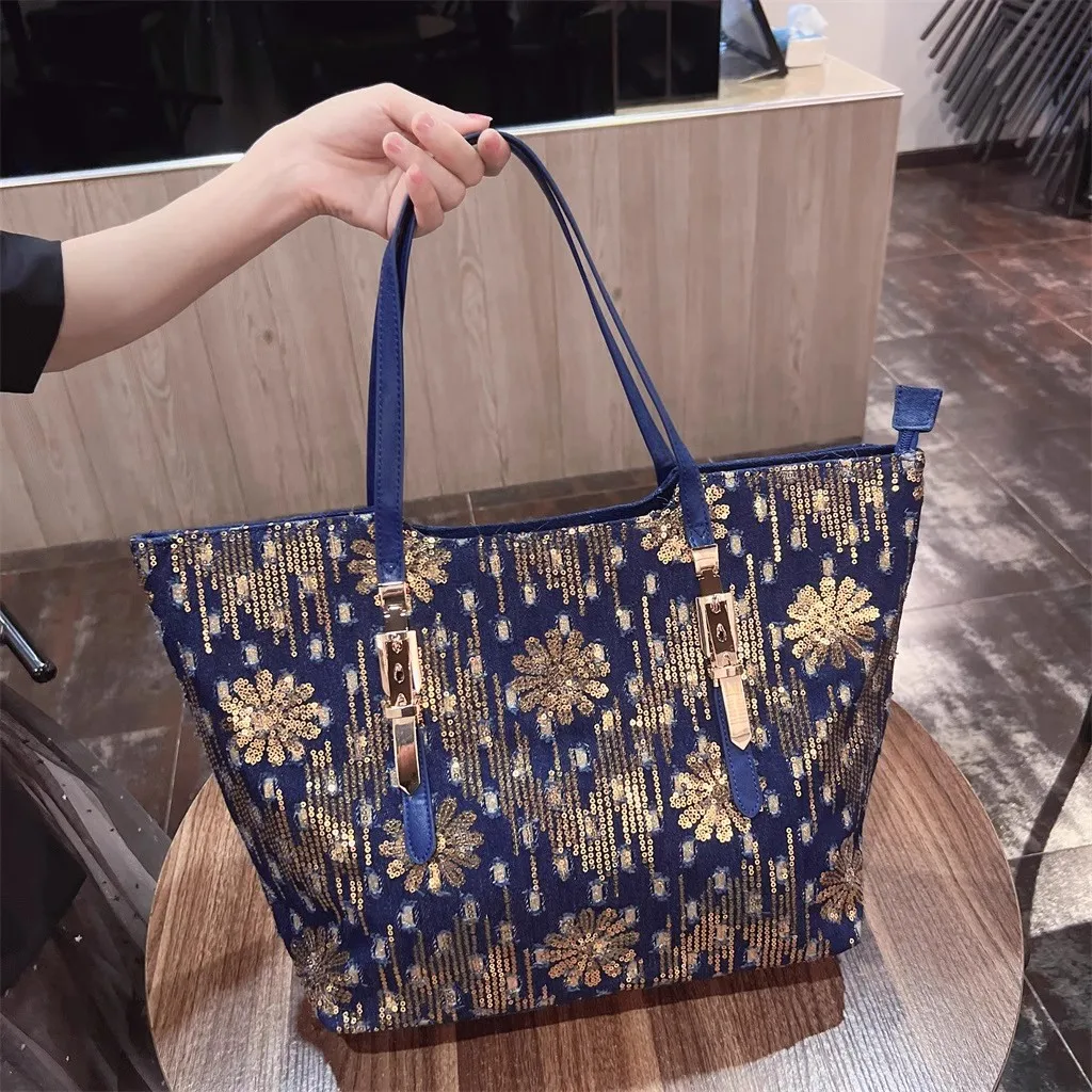 High Quality Glitter Shiny Sequins Bucket Bag Large Capacity Fashion Denim Tote Bag Women's Handbag Female Shoulder Underarm Bag