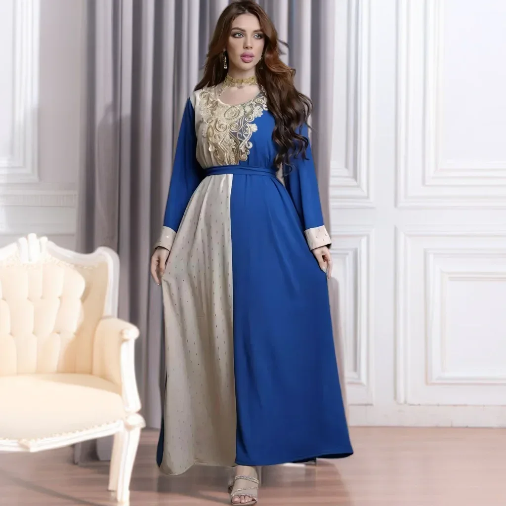 2024 Summer Elegant Muslim Long Sleeve Patchwork Green Blue Polyester Long Maxi Dress Gowns Muslim Fashion Abaya Dubai Abaya