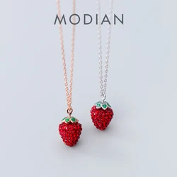 Modian Genuine 925 Sterling Silver Fashion 3D Strawberry Pendant Necklace for Women Crystal Chain Link Necklaces Fine Jewelry