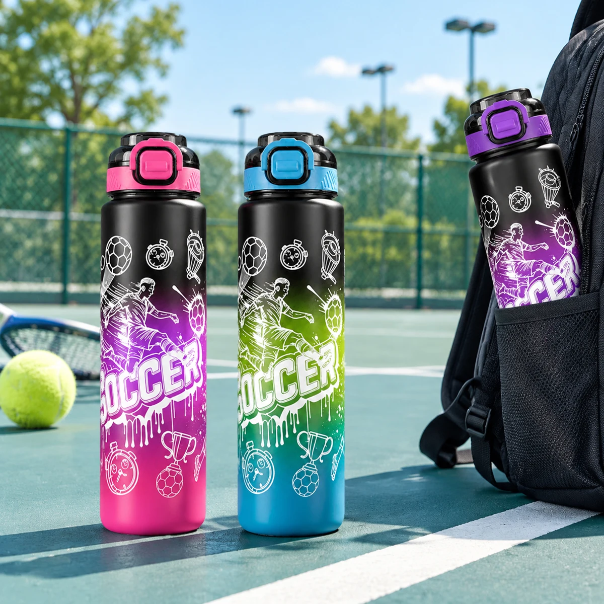 Football Graphic Sports Water Bottle Plastic Flip Lock Lid Leakproof Portable Drinking Cup Outdoor Gym School Student Water Jug