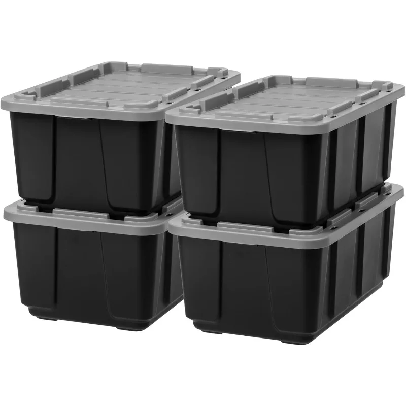 

USA 27 Gallon Large Heavy Duty Storage Bins with Lids, 4 Pack - Made in USA, Snap On Lid Stackable Industrial Tough Totes