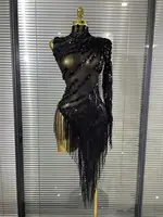 Black Red Women Sexy One Shoulder Shinning Crystal Sequins Tassels Bodycon Mid-calf Dress Nightclub Party Bar Dancer Costumes - Image 2