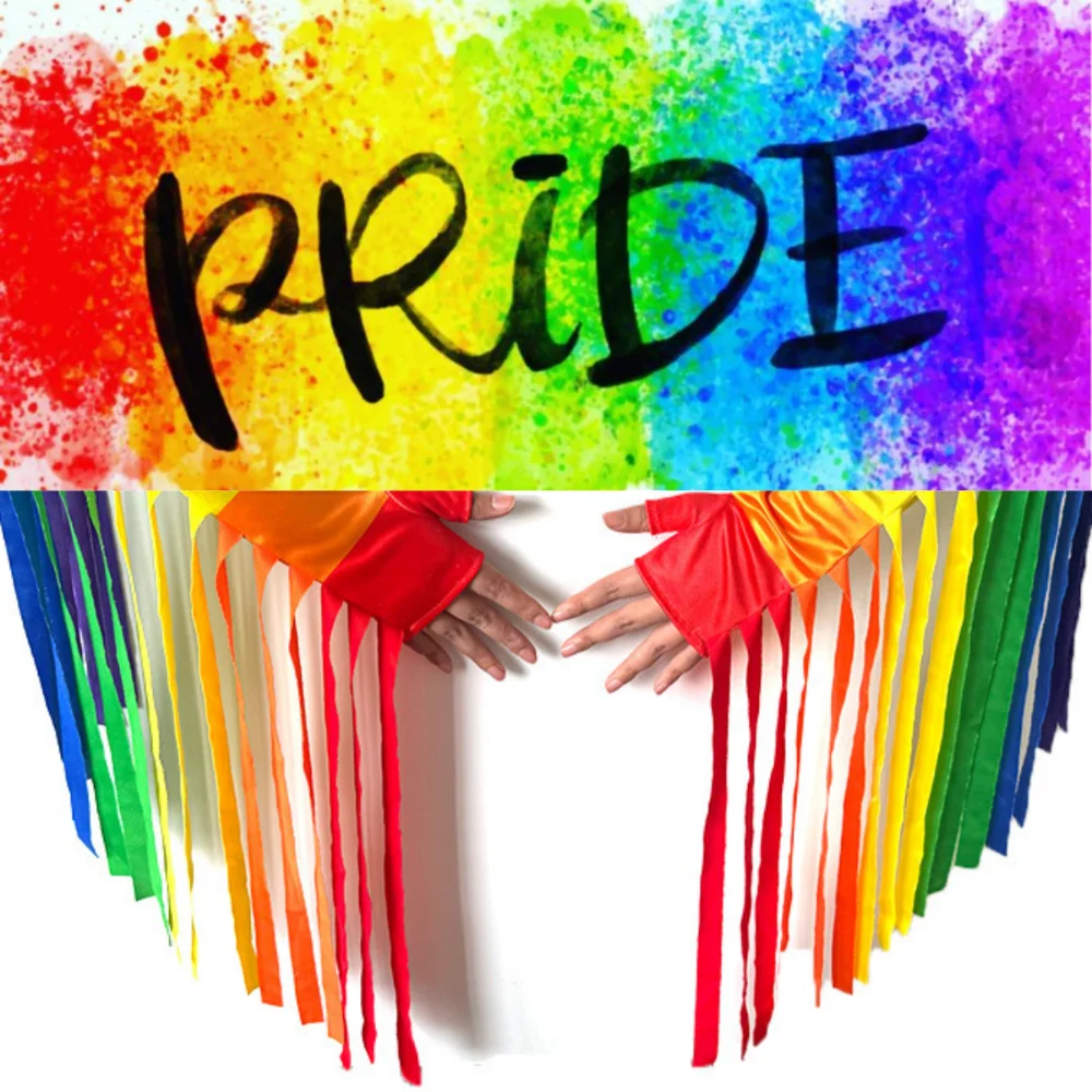 Weiche Stretch Regenbogen Lange Handschuhe Mode Kostüm Regenbogen Quaste Handschuhe Parade Fransen Bunte Fäustlinge Party
