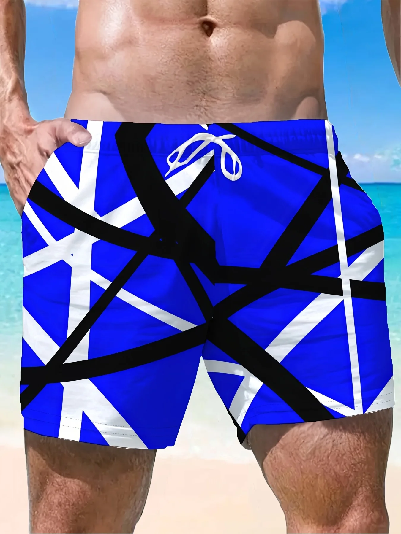Schnelltrocknende Badeshorts für Herren, Rot-Schwarz-Weiß, abstrakter geometrischer Linien-Print, Strandshorts mit Kordelzug und Taschen – Detail 9