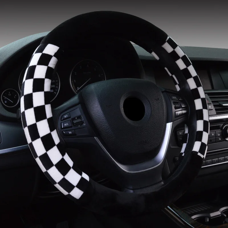 

38cm Short plush car steering wheel cover Automotive Interior Black and white checkerboard plush steering wheel cover