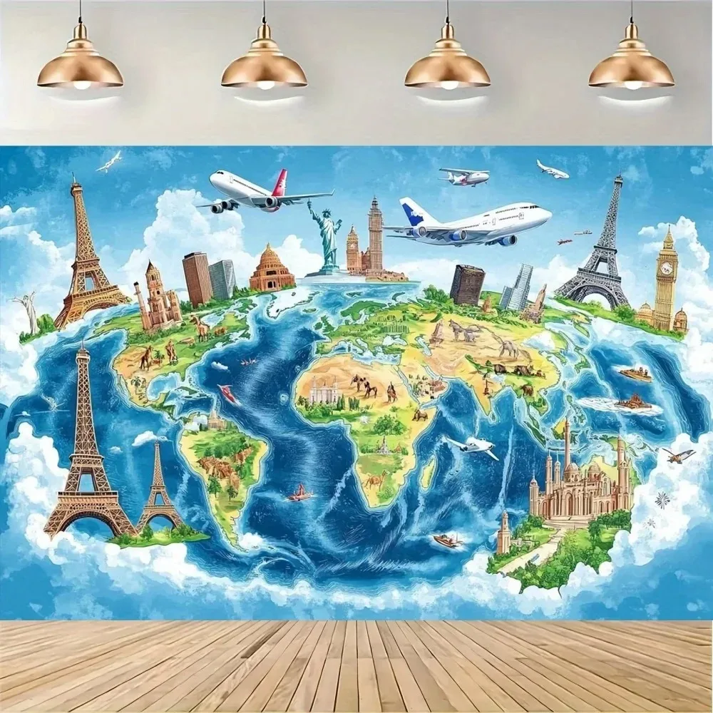 World Famous Tourist Attraction Map Theme Photography Background, Adult Birthday Party, Home Decoration Photography Background