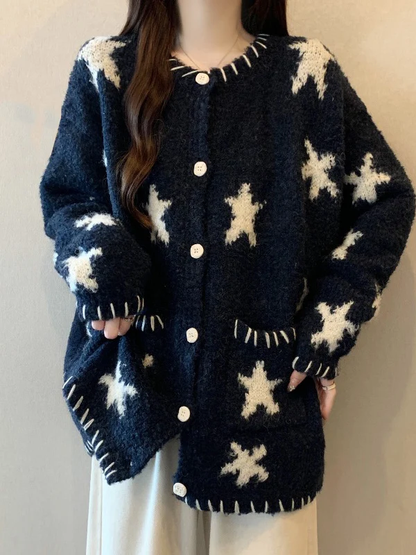 

Blue Stars Knitted Sweater Coat Women's Loose Fit Long Sleeve round Neck Pullover Cardigan Spring 2026 New Style plus Size