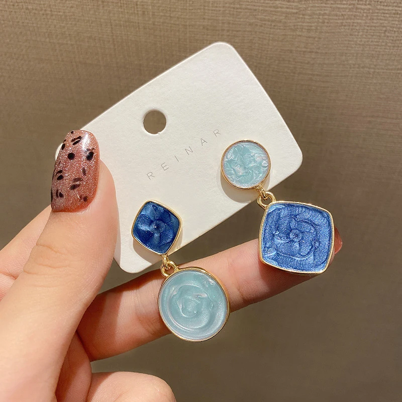 Korean Square Round Drop Earrings Unique New Blue Color Asymmetric Geometric Hang Earrings For Women Trendy Fashion Jewelry Girl