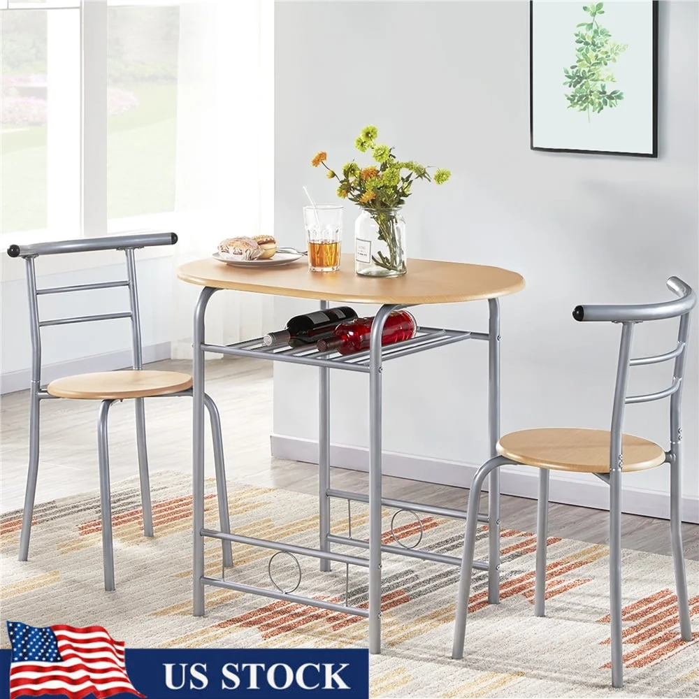 

3 Piece Modern Dining Set Round Table with 2 Comfortable Chairs Compact Space Saving Indoor Furniture Waterproof MDF Iron