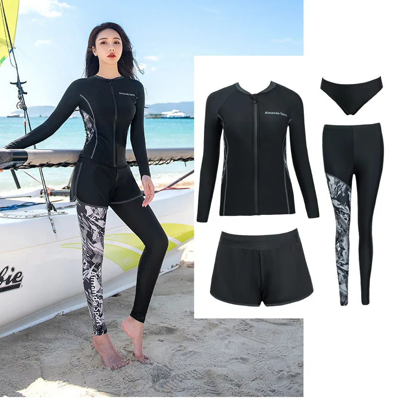 

Women Four Piece Rash Guard Long Sleeve Swimsuits UV UPF 50+ Swim Shirt Bathing Suit with Boyshort Bottom Plus Size M-5XL