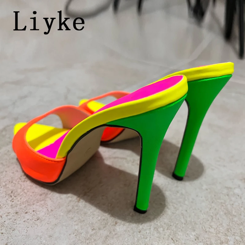 Liyke 2024 New Mixed Color Mules Women Pumps Slippers Fashion Party Dance Thin High Heels Gladiator Sandals Ladies Dress Shoes