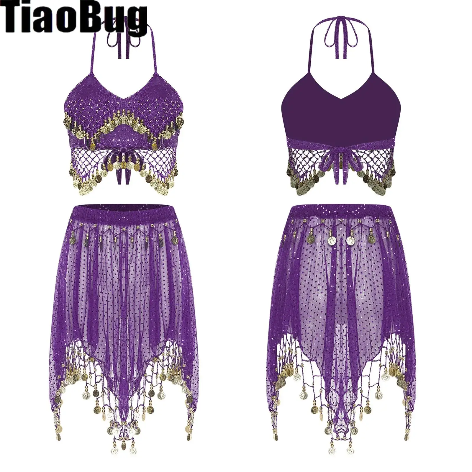 

Womens Belly Dance Outfits Crisp Sound Maker Tassel Sequined Sheer Mesh Lace-up Crop Top And Irregular Hem Skirt for Dance