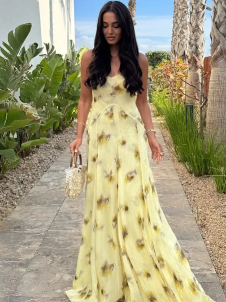 

Chic Printed Women’s Long Dresses Chic V Neck Lace Up High Waist Female Halter Vestidos Summer Pleated Sleeveless Lady Robes