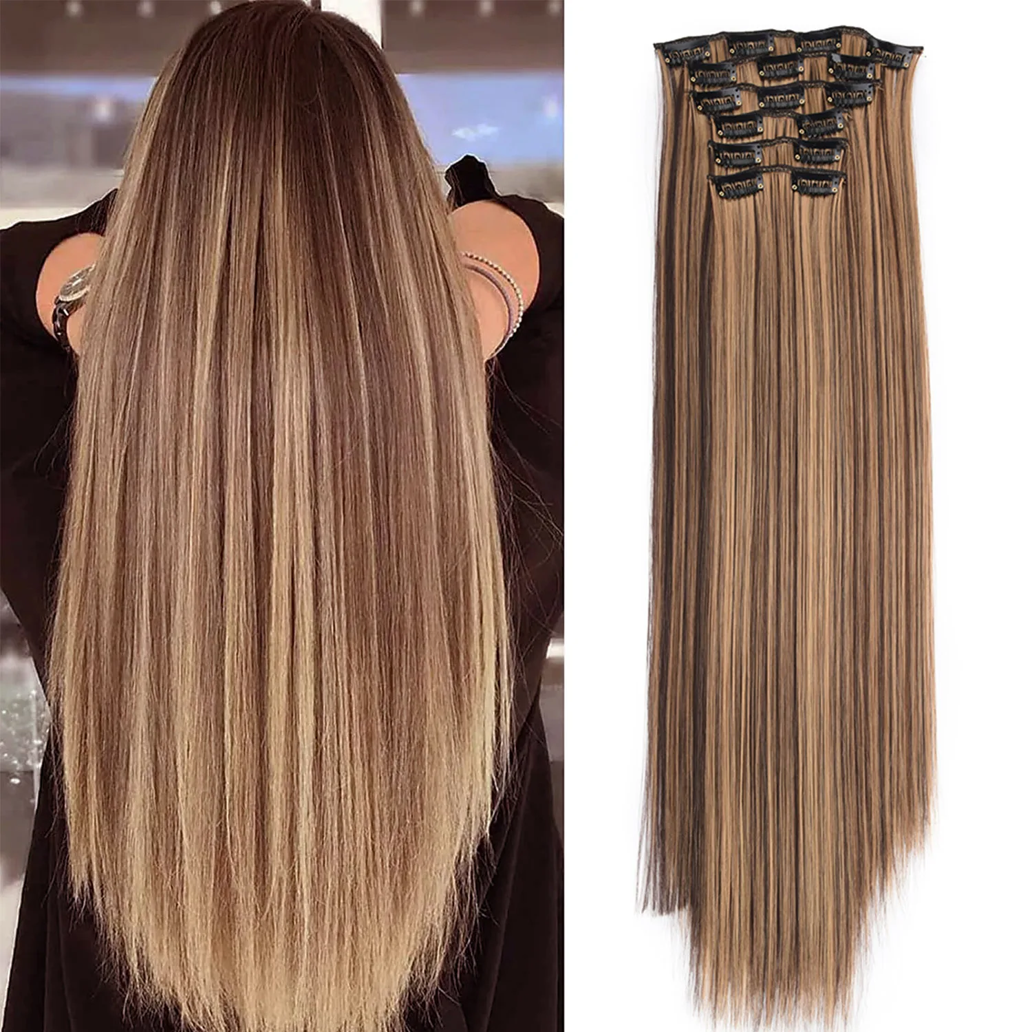 Synthetische Clip In Hair Extensions 6 Stuks Hair Extensions 24 Inch Lange Rechte 16 Clip Op Haarstukjes Voor Vrouwen Meisjes