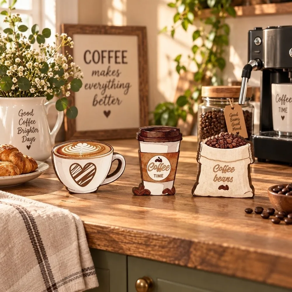 3 pcs Country style Desktop Ornament Coffee Cup Coffee Beans Decorative Wooden Board Retro Home Decoration