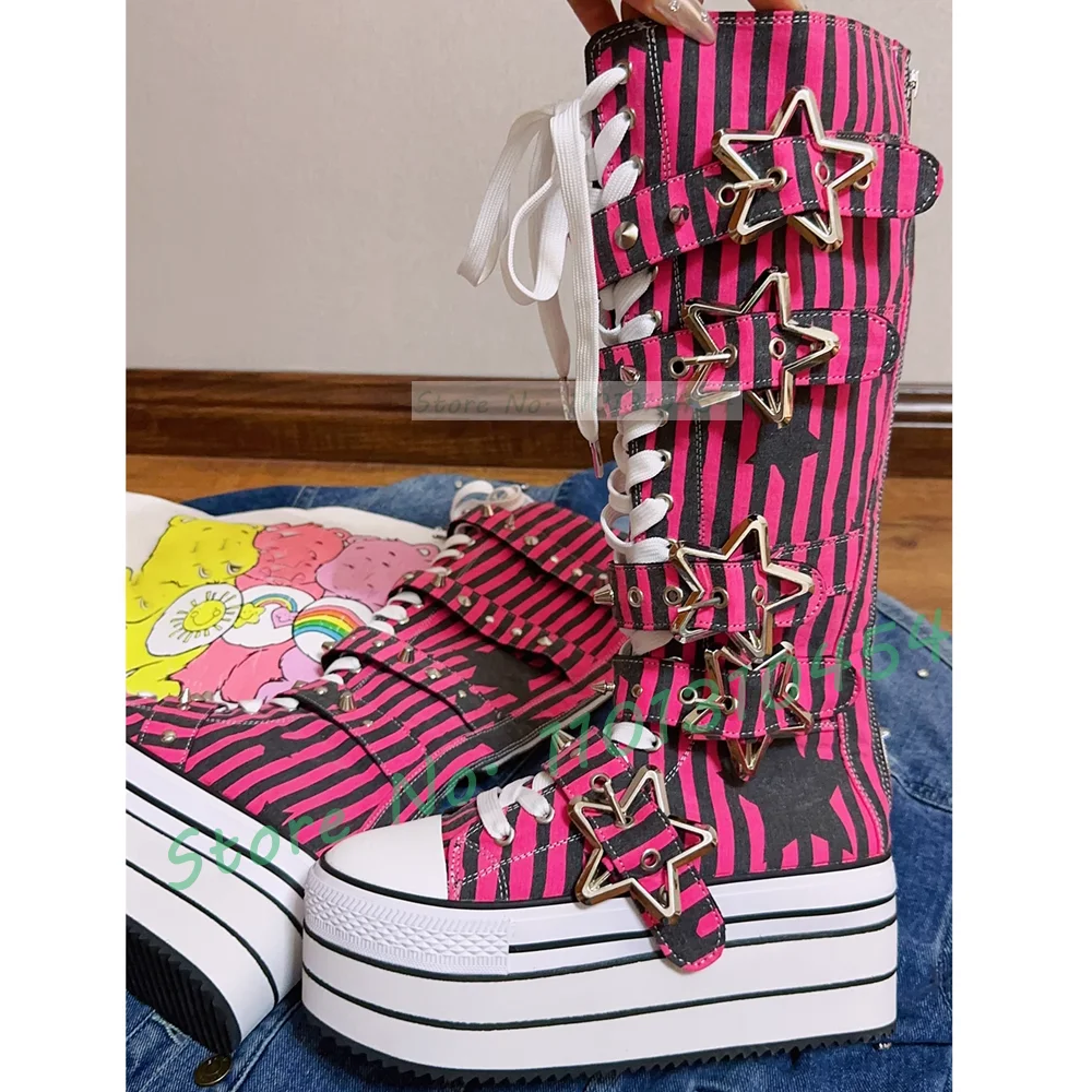 Pink Striped Platform Long Canvas Shoes Girl\'s Sweet Metal Star Belt Buckle Lace-up Boots Fashion Round Toe Cool Lolita Shoes