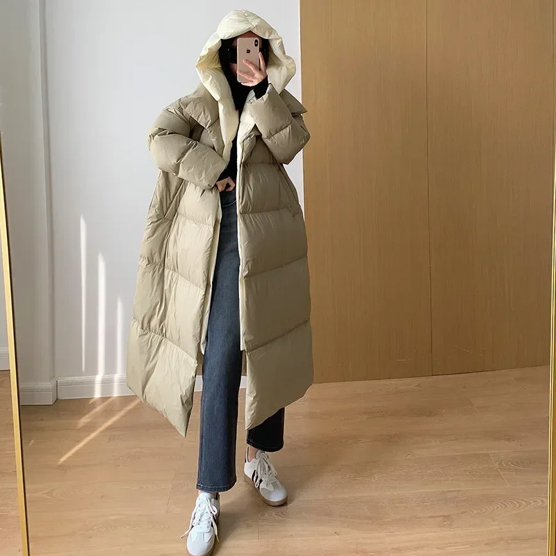 New White Duck Down Fake Two Piece Down Coat Long Over Knee High End Thickened Loose A-Line Coat for Women