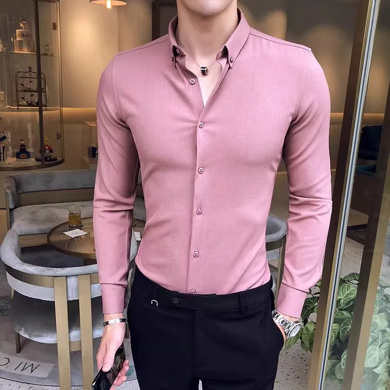 Men\'s Solid Color Shirt British Style Youth High Quality Long Sleeve Business Mens Casual Slim Fit Shirt Fashion Men Clothing