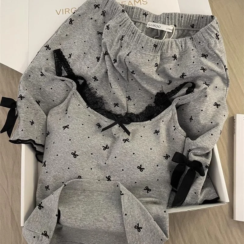 

Women's Summer Spwear Sweet Sle Polka Dot Print Lace Trim Strap ort Pants Set Home Clothes with Chest Pad Bow Knot