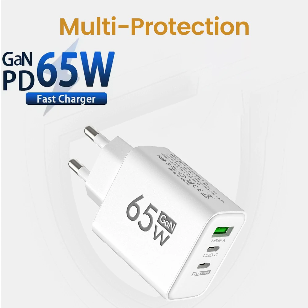 

65W GaN Type C Charger Fast Charging PD 3.0 Quick Charge Travel Charger Adaptor For iPhone 15 Xiaomi Samsung USB US EU Charger